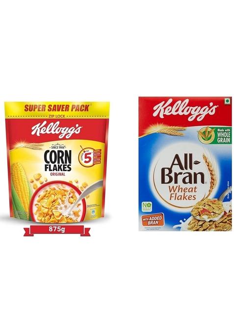 Kellogg'S Corn Flakes Original, High In Iron, High In B Group Vitamins, Breakfast Cereals, 900G/875G (Weight May Vary) & All Bran Wheat Flakes, 440G