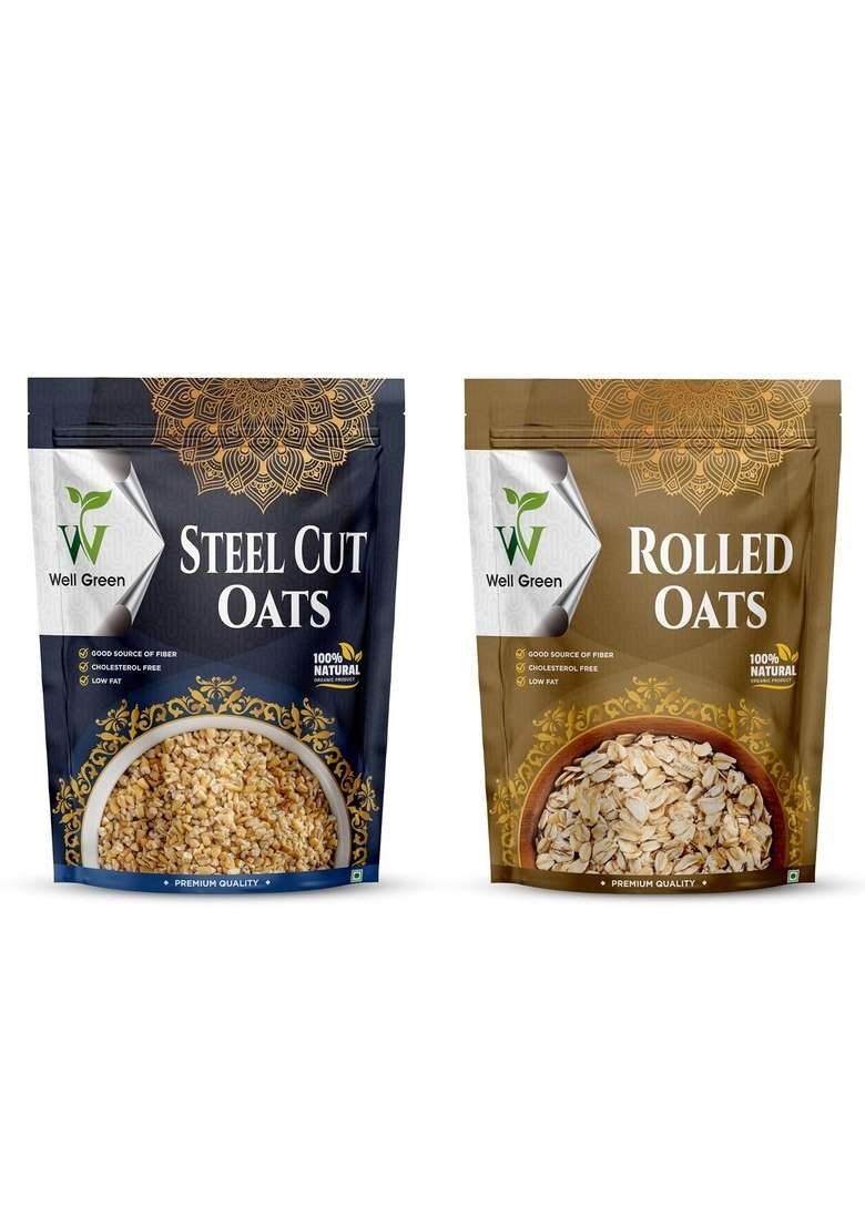 Well Green Rolled &Steel Cut Oats High Protein Oats For Your Healthy Breakfast,Diet Food Gluten Free Wholegrain500Gm (400-Grams) - Indya