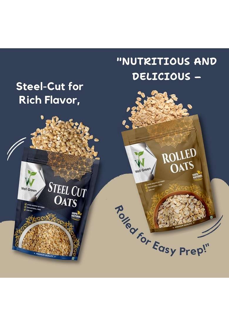 Well Green Rolled &Steel Cut Oats High Protein Oats For Your Healthy Breakfast,Diet Food Gluten Free Wholegrain500Gm (400-Grams) - Indya
