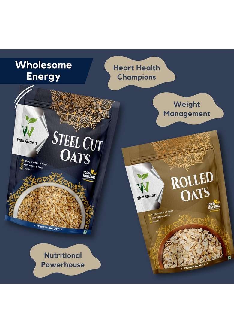 Well Green Rolled &Steel Cut Oats High Protein Oats For Your Healthy Breakfast,Diet Food Gluten Free Wholegrain500Gm (400-Grams) - Indya