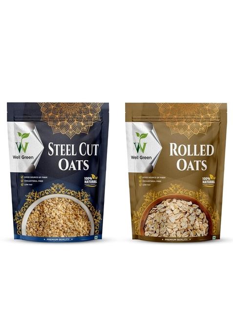 Well Green Rolled &Steel Cut Oats High Protein Oats For Your Healthy Breakfast,Diet Food Gluten Free Wholegrain500Gm (400-Grams)