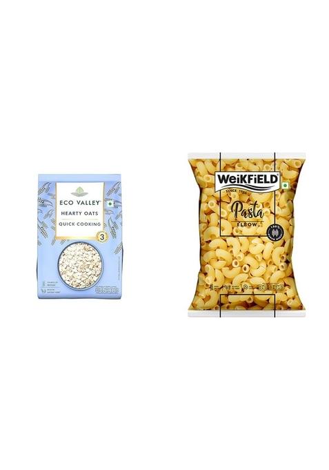 Healthy Breakfast Pack | Eco Valley Hearty Oats (1Kg) & Weikfield Elbow Pasta (900G) | High Protein & Fiber Rich