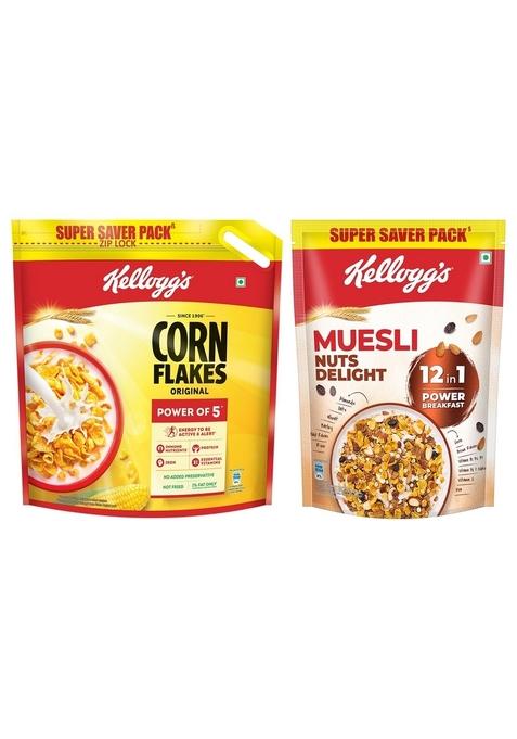 Kellogg'S Combo, Kellogg'S Corn Flakes Original, 1.2 Kg And Kellogg'S Muesli With 20% Nuts Delight Pouch, 750 G