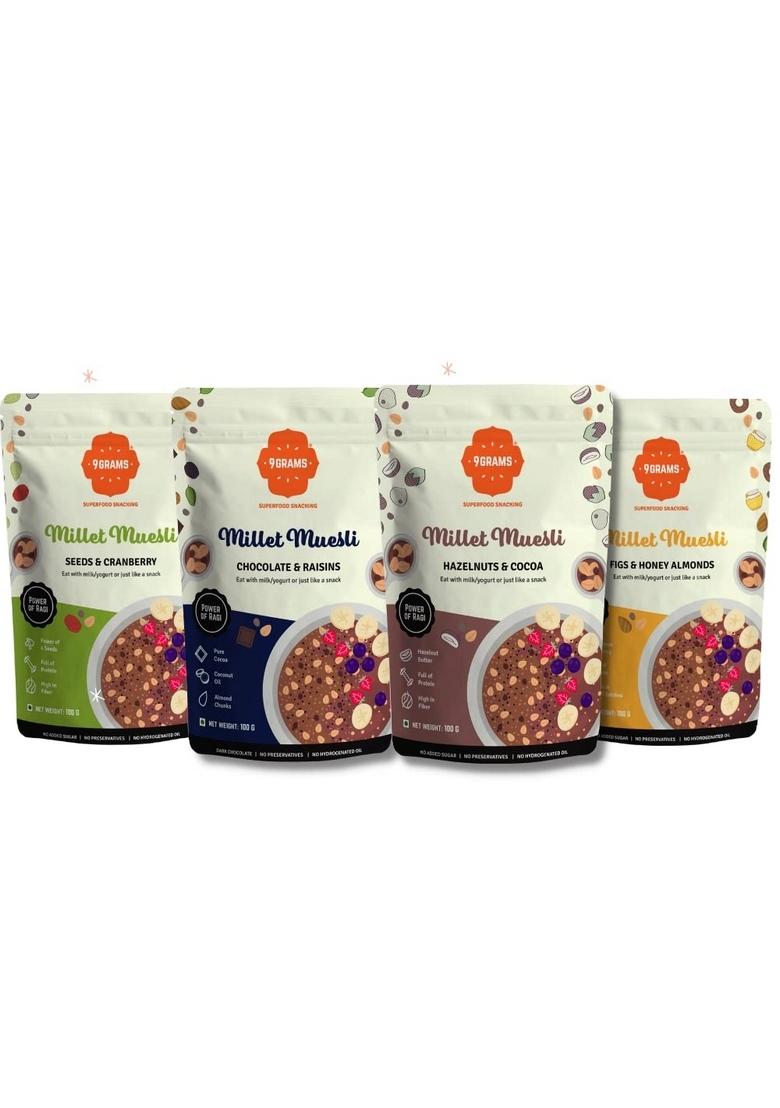 9Grams Millet Muesli 4X100Gms Trial Packs, Zero Added Sugar, 11Gm Protein/Serving