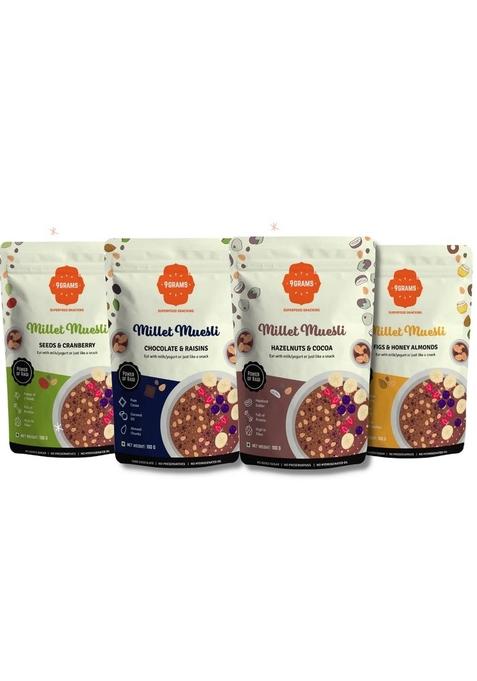 9Grams Millet Muesli 4X100Gms Trial Packs, Zero Added Sugar, 11Gm Protein/Serving