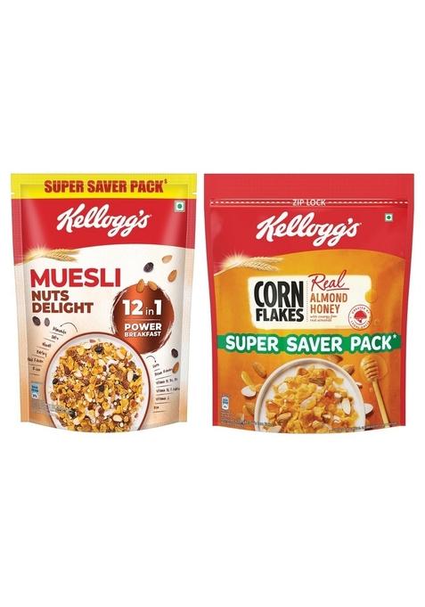 Kellogg'S Combo, Corn Flakes Real Almond And Honey, 1 Kg And Kellogg'S Muesli With 20% Nuts Delight Pouch, 750 G