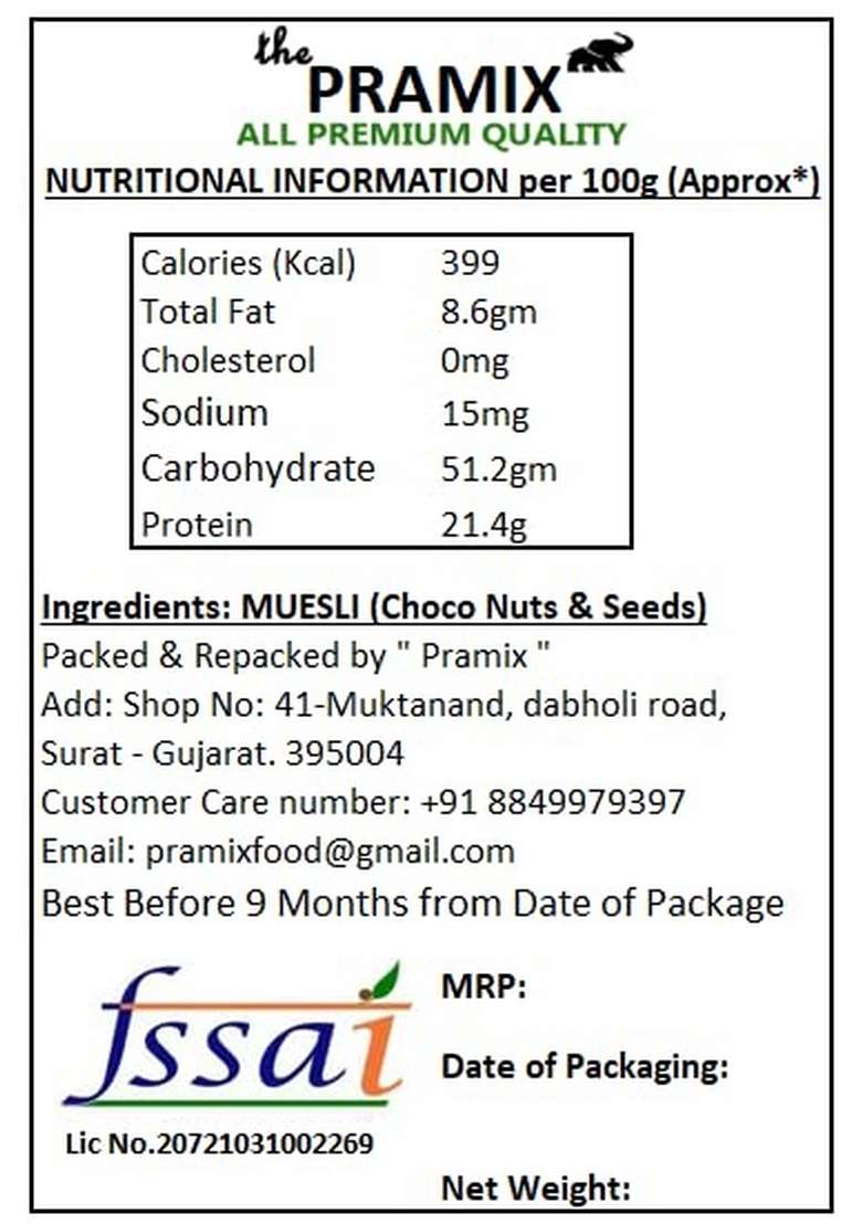 Pramix Chocolate Muesli, Fruit, Nut & Seeds | 14 In 1 - Oats, Rice, Ragi, Jowar, Soy, Cranberry, Cocoa, Flax, Chia, Pumpkin Seeds, Almond, Black Currant, Jaggery, Choclate | Source Of Protein & Fibre, Multigrain Breakfast Cereal - 900G - Indya