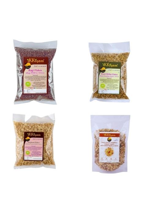 Ikkiyam Combo Of Bajra, Jowar, Ragi Flakes & Multi Millet Granola Cereal Flakes With Dried Fruits, Nuts & Palm Sugar (Pack Of 4, 250G Each) | Gluten-Free, Best Breakfast For Healthy Day Start | No Preservatives 100% Natural Grains For Kids & Adults