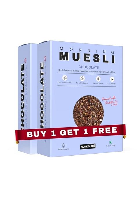 Monkey Bar Chocolate Muesli - 350G X 2 (Buy 1 Get 1 Free) | Made With Pure Chocolate, Low Sugar, With Probiotics | Multigrain Millet Healthy Breakfast Cereal | Granola | No Refined Sugar