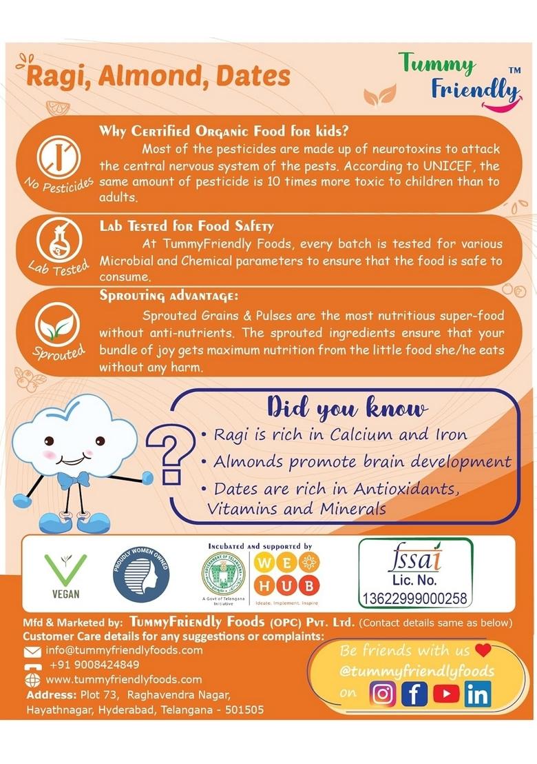 Tummy Friendly Foods Organic Sprouted Ragi Almond Dates Porridge Mix | No Hidden Sugar | Made Of Sprouted Ragi Powder For Baby | Sprouted Ragi For Calcium, Iron | Real Food No Chemicals | Available In Trial Baby Packs Too | 200G, 2 Packs