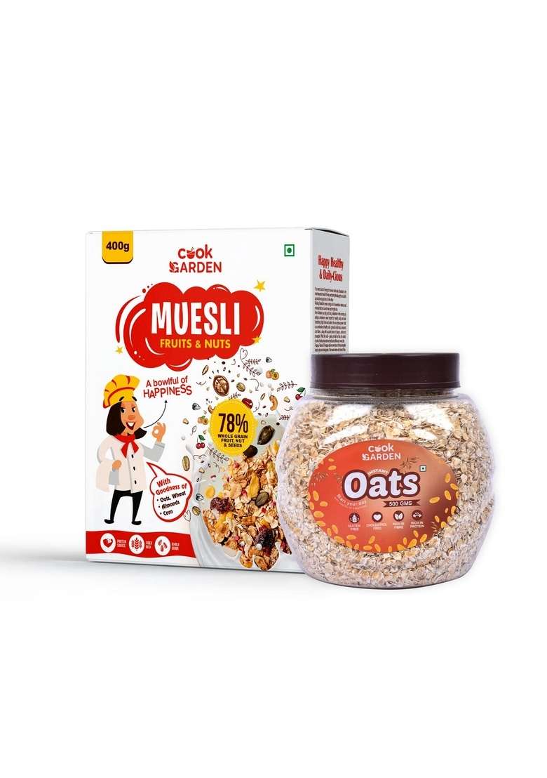 Cookgarden Fruits & Nuts Muesli 400G & Instant Oats 500G | Healthy Protein Food & Breakfast Cereal - Indya