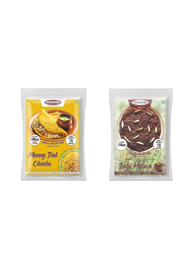 Richmor Quick Meal Combo: Moong Dal Cheela Mix (200G) & Ragi Halwa Mix (200G) | Gluten-Free, High Protein & Fiber | Ready To Cook Healthy Snacks & Dessert - Indya