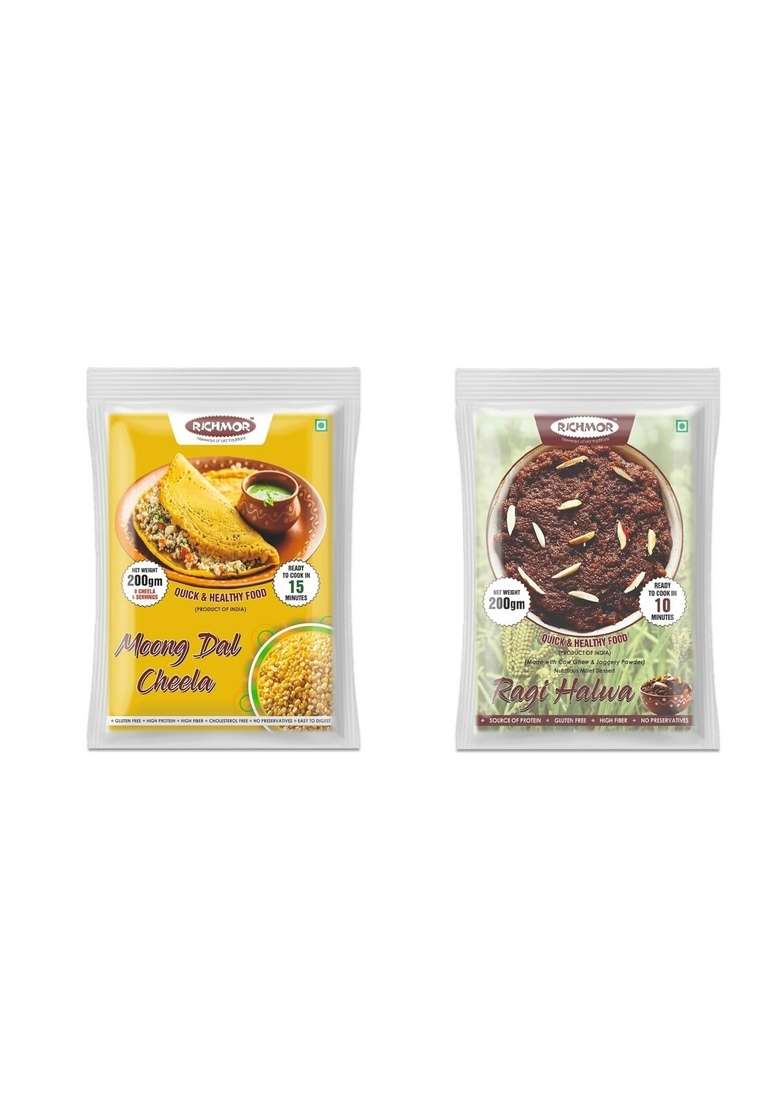 Richmor Quick Meal Combo: Moong Dal Cheela Mix (200G) & Ragi Halwa Mix (200G) | Gluten-Free, High Protein & Fiber | Ready To Cook Healthy Snacks & Dessert - Indya