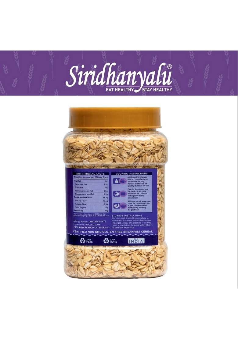 Siridhanyalu Natural Rolled Oats | High Fibre, Gluten Free, No Preservatives, Vegan (Net Quantity:- 900Gm, Gwt.1Kg) - Indya