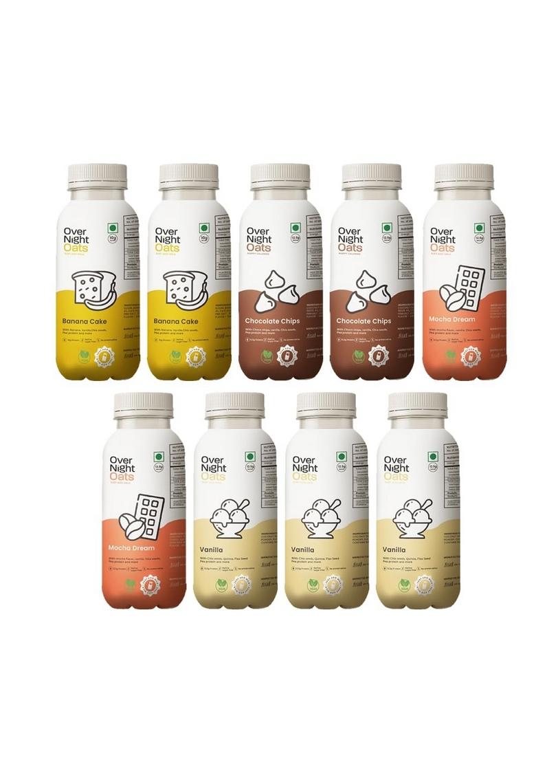 Overnight Oats With Vegan Protein | High Protein Oats Breakfast With Dietary Fibre | No Preservatives | 2 Banana Cake + 2 Chocolate Chips + 2 Mocha + 3 Vanilla (Pack Of 9, 50G Each)