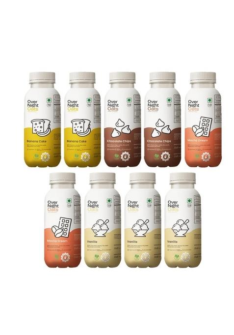 Overnight Oats With Vegan Protein | High Protein Oats Breakfast With Dietary Fibre | No Preservatives | 2 Banana Cake + 2 Chocolate Chips + 2 Mocha + 3 Vanilla (Pack Of 9, 50G Each)