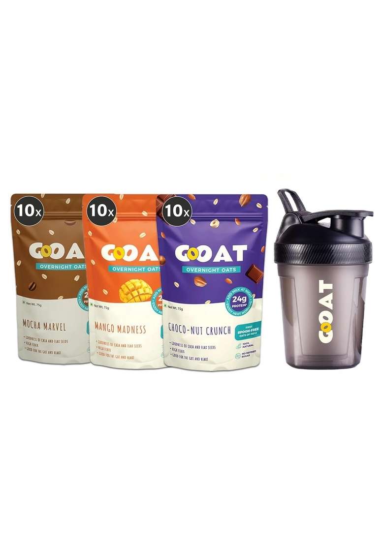 Goat Life Overnight Oats 2.25Kg With Sipper Bottle | High Protein (24G) | Pack Of 30 | No Refined Sugar | Gluten-Free | Natural Breakfast Cereal | Ideal For Weight Management | Spoonfree Oatmeal - Indya