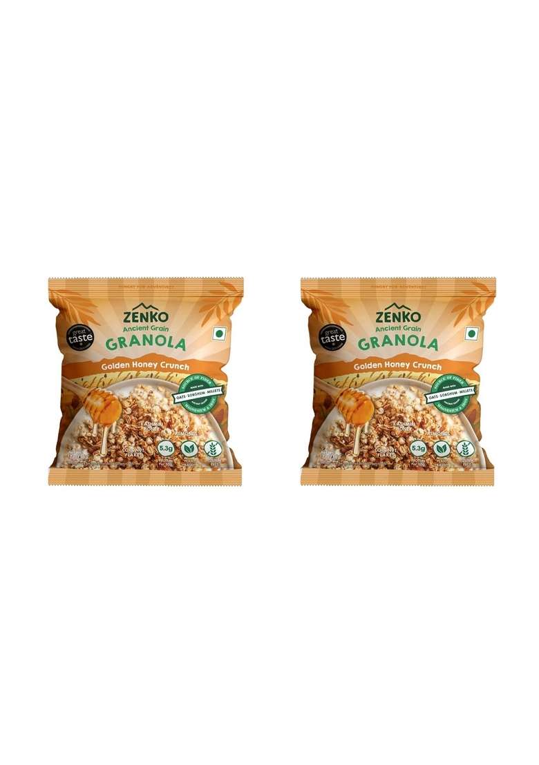 Zenko Ancient Grain Granola | Golden Honey Crunch | With Kashmiri Honey, Almonds, Gluten Free, Plant Based | 50G | Pack Of 2 (50G, Golden Honey Crunch) - Indya