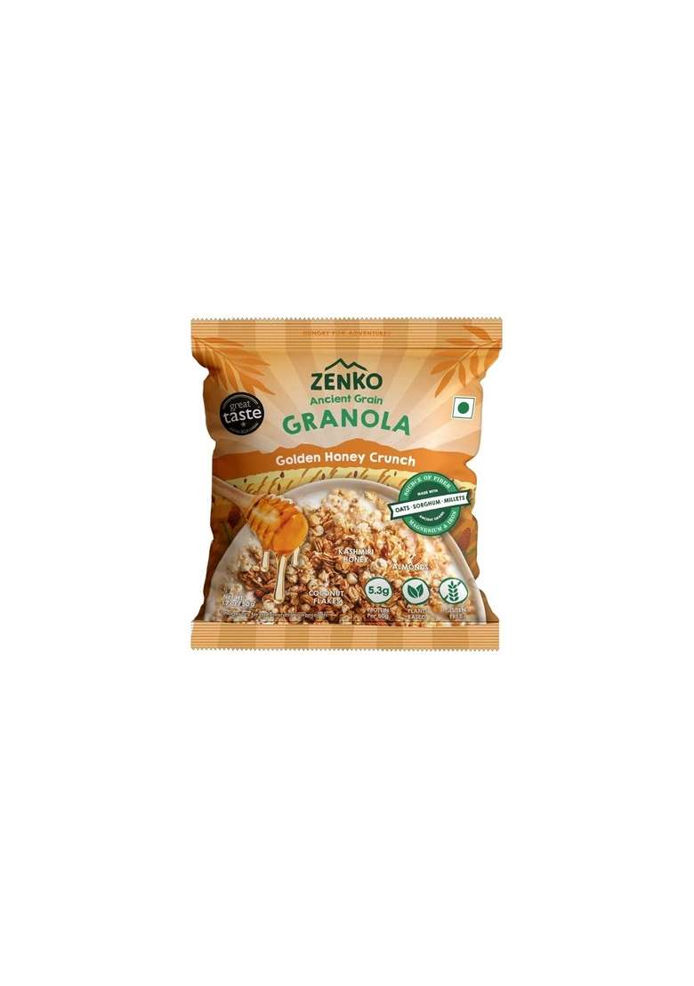 Zenko Ancient Grain Granola | Golden Honey Crunch | With Kashmiri Honey, Almonds, Gluten Free, Plant Based | 50G | Pack Of 2 (50G, Golden Honey Crunch) - Indya