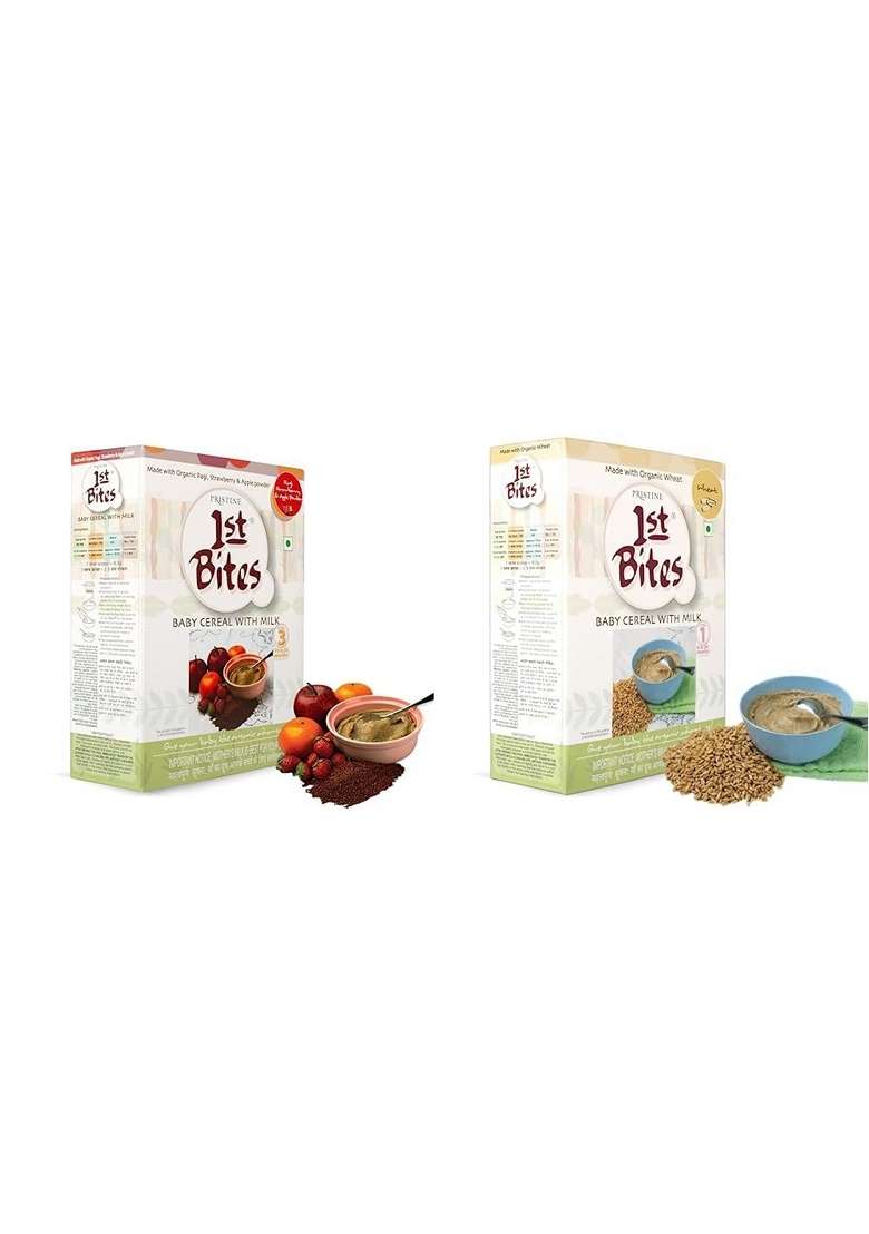 Pristine 1St Bites Baby Cereal 300G | Baby Food (10-24 Months) Stage-3, Strawberry & Apple Powder | Infant Food & 1St Bites Stage 1 Organic Baby Cereal With Milk, Wheat, 6 Months To 24 Months, 300G - Indya