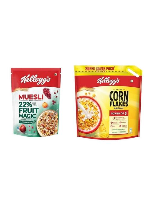 Kellogg'S Muesli 22% Fruit Magic, High In Fibre &Vitamin C, Naturally Cholesterol Free, 500G + Corn Flakes Original, B Group Vitamins 1.2Kg Breakfast Cereals High In Iron