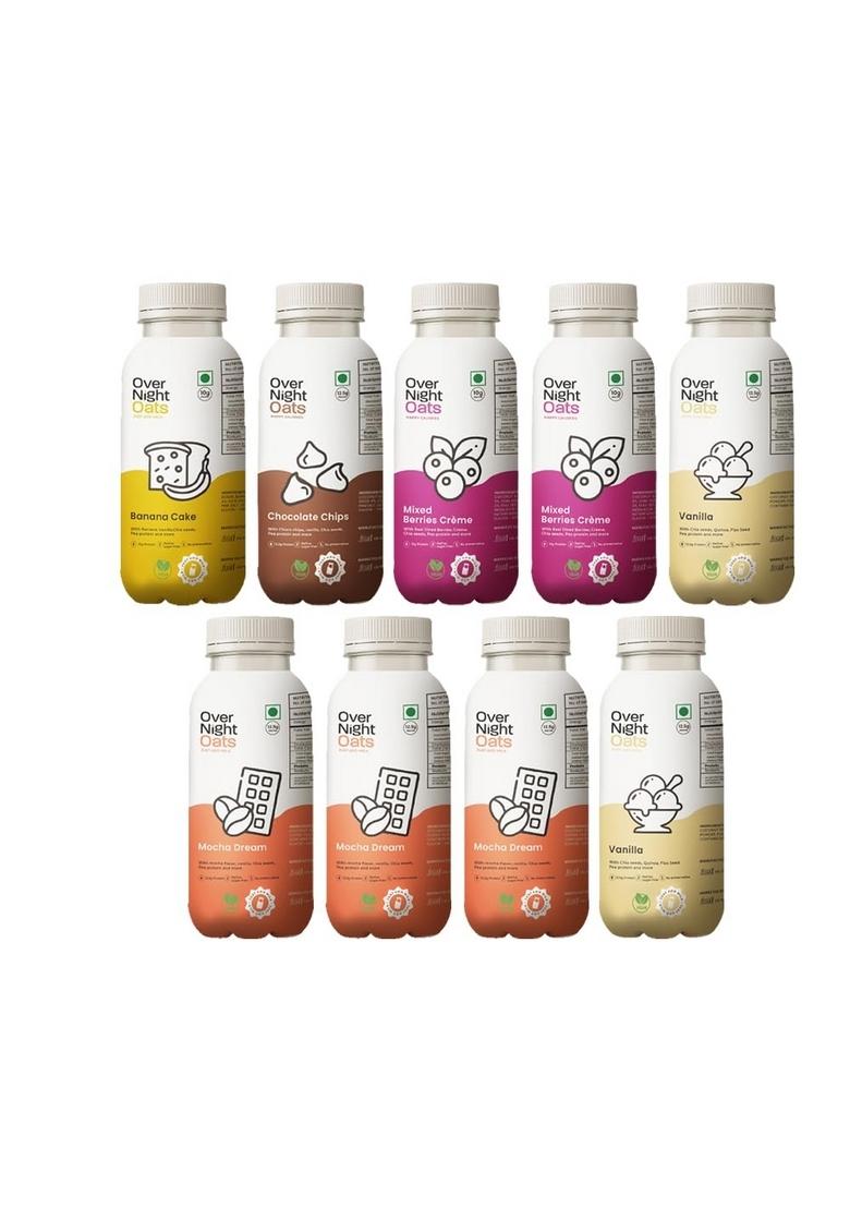 Overnight Oats With Vegan Protein | High Protein Oats Breakfast With Dietary Fibre | No Preservatives | 1 Banana Cake + 1 Chocolate Chips + 2 Mixed Berries + 3 Mocha + 2 Vanilla (Pack Of 9, 50G Each)