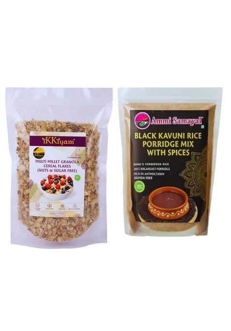 Ikkiyam Combo Of Multi Millet Granola Cereal Flakes (Sugar-Free) 250G & Black Kavuni Rice Porridge Mix (Spicy) 100G | 100% Natural, Diabetic-Friendly, High In Fiber & Protein