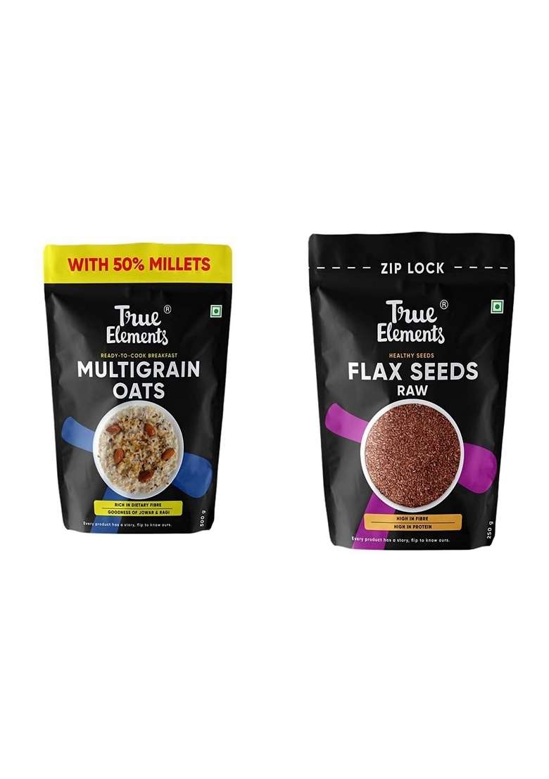 True Elements Multigrain Oats 500G Goodness Of Rolled 50 Millets Jowar Quinoa Ragi Flakes Flax Seeds 250G Alsi - Indya