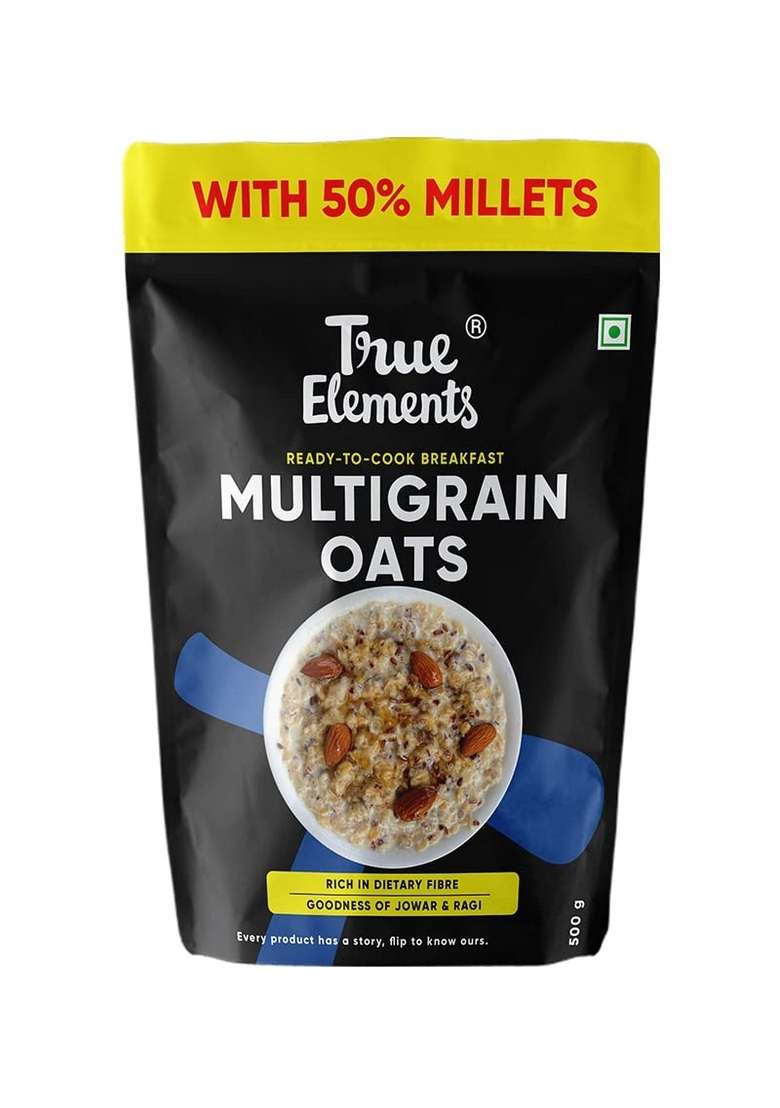 True Elements Multigrain Oats 500G Goodness Of Rolled 50 Millets Jowar Quinoa Ragi Flakes Flax Seeds 250G Alsi - Indya