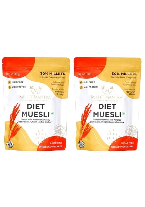 Millet Mantra Apple Crush & Honey High Protein Muesli (Pack Of 2) | Sugar Free Muesli With Almonds, Pumpkin Seeds, Black Raisins & Cranberry | Rich Breakfast Cereals