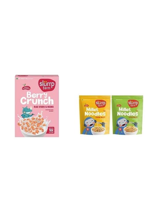 Slurrp Farm Berry Crunch Strawberry Cereal| 400 G & Slurrp Farm No Maida Millet Noodles | Pack Of 2-192G Each