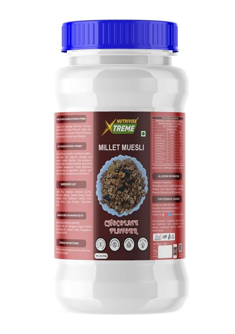 Nutrivise Xtreme Millet Muesli Chocolate 250G – No Added Sugar, Gluten-Free Breakfast Cereal | Healthy Diet Food For Weight Management & Diabetics | High-Fiber, Protein-Rich Muesli