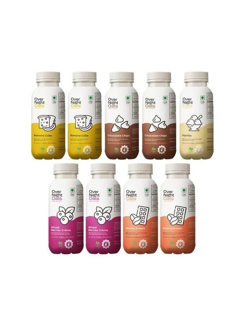 Overnight Oats With Vegan Protein | High Protein Oats Breakfast With Dietary Fibre | No Preservatives | 2 Banana Cake + 2 Chocolate Chips + 2 Mixed Berries + 2 Mocha + 1 Vanilla (Pack Of 9, 50G Each)