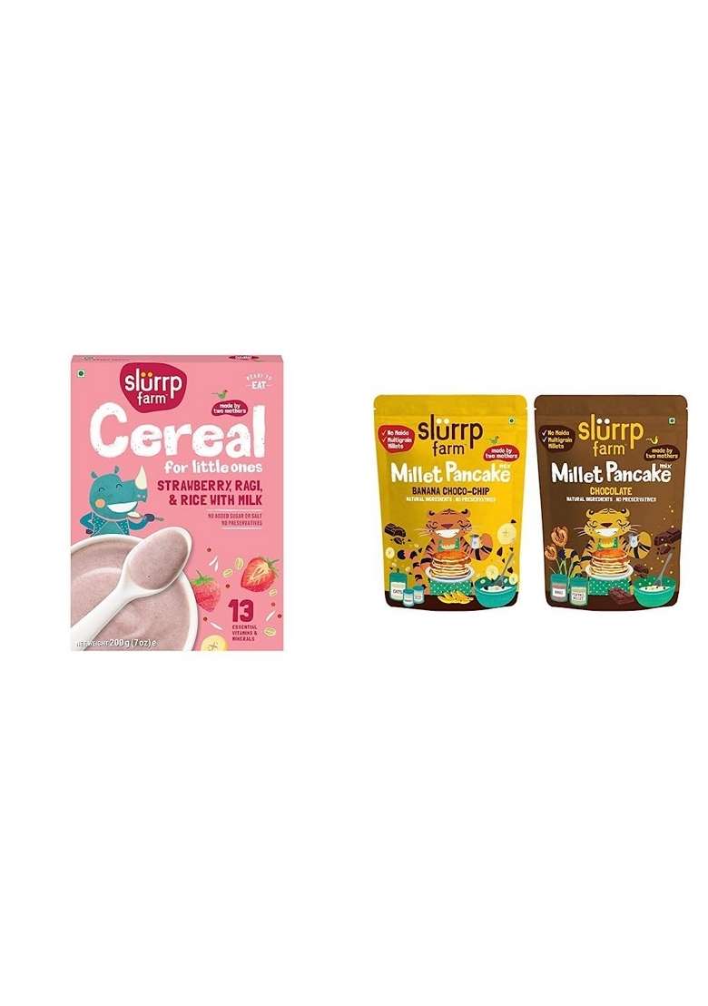 Slurrp Farm Baby Cereal, Ragi, Rice And Strawberry With Milk, Instant Healthy Wholesome Food, 200 G & Instant Breakfast Millet Pancake Mix, Banana Choco-Chip, Supergrains And Chocolate, Natu - Indya