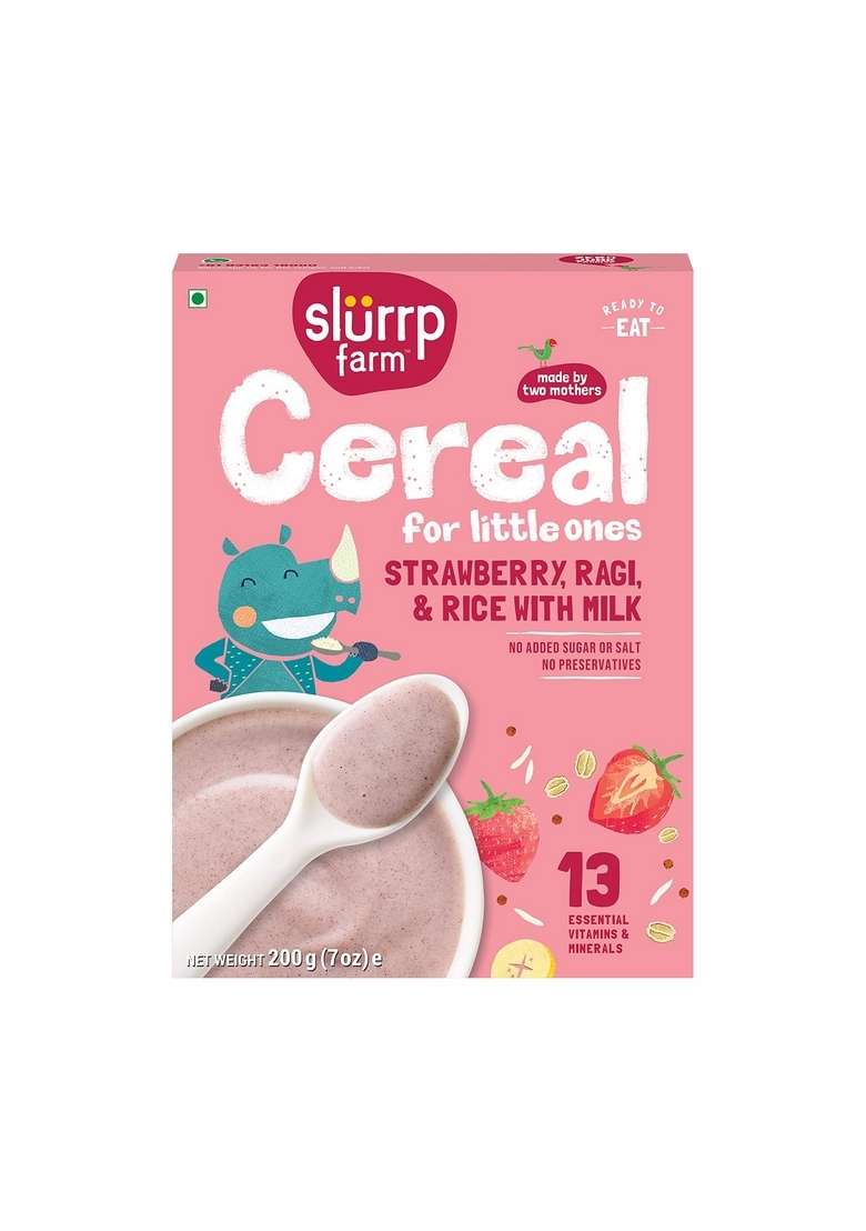 Slurrp Farm Baby Cereal, Ragi, Rice And Strawberry With Milk, Instant Healthy Wholesome Food, 200 G & Instant Breakfast Millet Pancake Mix, Banana Choco-Chip, Supergrains And Chocolate, Natu - Indya