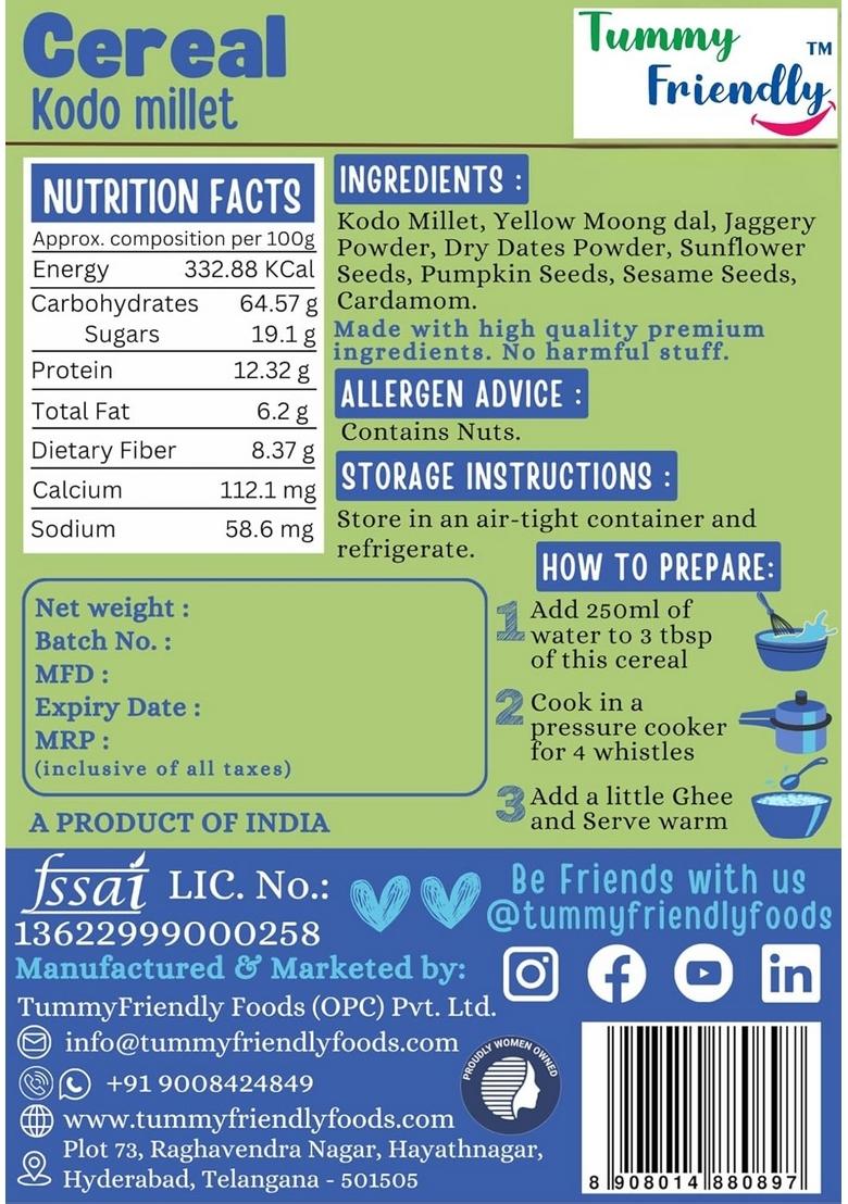 Tummyfriendly Foods Kodo Millet Cereal For Baby Toddler Kids 2 Year Old | Baby Food For 2+ Year Old | Maximum Nutrition From Real Food. Available In Trial Baby Packs Too. 400G, (100G Each Pack)
