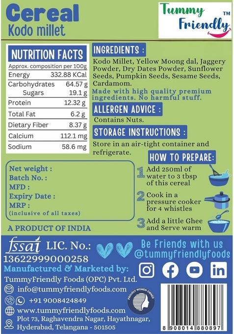 Tummyfriendly Foods Kodo Millet Cereal For Baby Toddler Kids 2 Year Old | Baby Food For 2+ Year Old | Maximum Nutrition From Real Food. Available In Trial Baby Packs Too. 400G, (100G Each Pack)