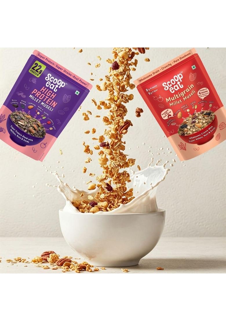 Scoopeat Assorted Muesli Combo 500G (Multigrain Muesli 250G + High Soy Protein 250G) | Breakfast Cereal With Oats, Millets, Almonds, Seeds & Dark Chocolate | High Fiber, No Refined Sugar, No Preservatives For Pre/Post Workout (Pack Of 2)