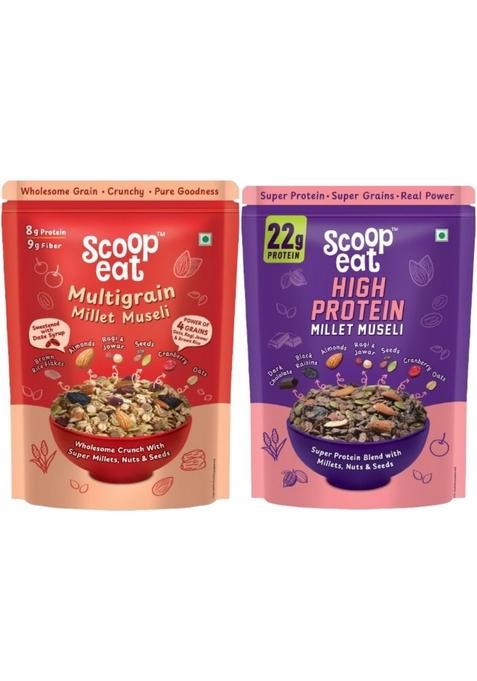 Scoopeat Assorted Muesli Combo 500G (Multigrain Muesli 250G + High Soy Protein 250G) | Breakfast Cereal With Oats, Millets, Almonds, Seeds & Dark Chocolate | High Fiber, No Refined Sugar, No Preservatives For Pre/Post Workout (Pack Of 2)