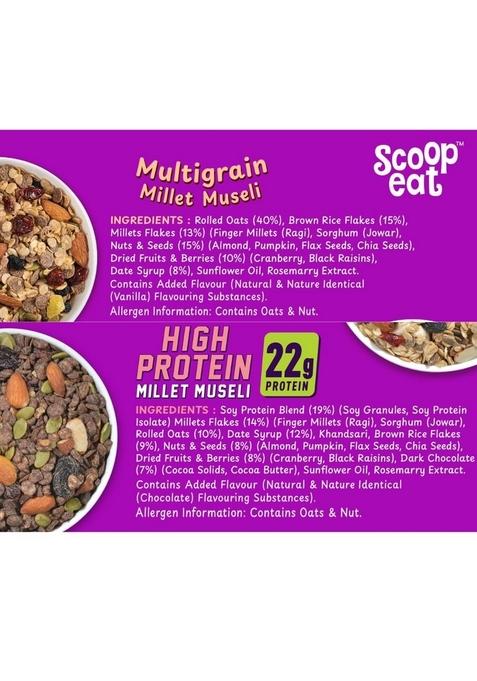 Scoopeat Assorted Muesli Combo 500G (Multigrain Muesli 250G + High Soy Protein 250G) | Breakfast Cereal With Oats, Millets, Almonds, Seeds & Dark Chocolate | High Fiber, No Refined Sugar, No Preservatives For Pre/Post Workout (Pack Of 2)