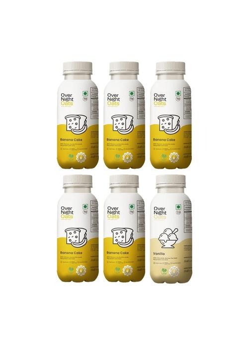 Overnight Oats With Vegan Protein | High Protein Oats Breakfast With Dietary Fibre | Just Add Milk | Ready In Minutes | No Preservatives | 5 Banana Cake + 1 Vanilla (Pack Of 6, 50G Each)
