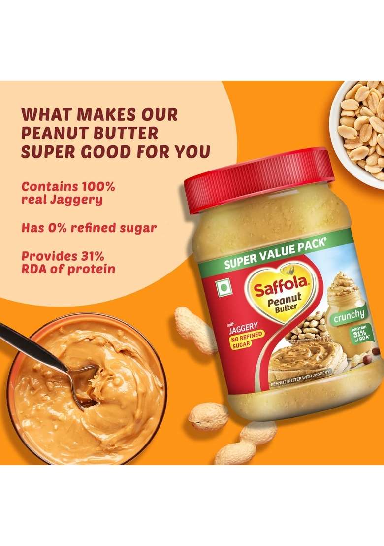 Saffola Peanut Butter Crunchy| High Protein | Only Jaggery No Refined Sugar 900G Masala Oats Tasty Evening Snack| Healthy Classic Masala| 500G - Indya