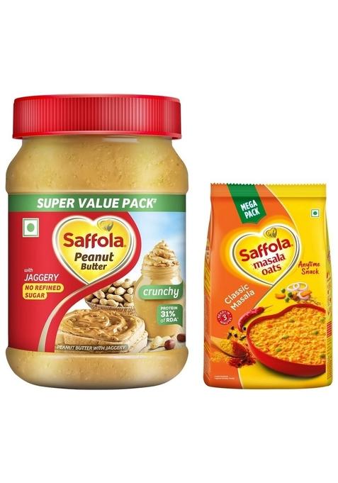 Saffola Peanut Butter Crunchy| High Protein Peanut Butter | Only Jaggery, No Refined Sugar, 900G & Saffola Masala Oats | Tasty Evening Snack| Healthy Snack| Classic Masala| 500G