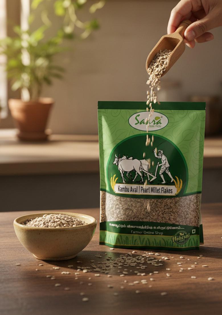 Vs Products Organic Pearl Millet Flakes 1Kg | Kambu Aval | Bajra Poha | Sajjala Atukulu | Navane Avalakki