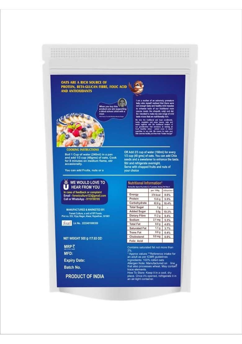 Tummy Farm Oats Jumbo Rolled 500G | High-Fiber Whole Grain Breakfast | Ideal For Porridge, Baking & Healthy Recipes | No Preservatives - Indya