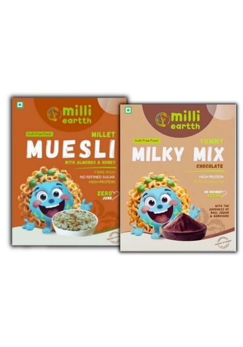 Millieartth Power Breakfast Duo – Yummy Milky Mix 300G & Millet Muesli With Almond And Honey 350G – High Fiber & Protein Combo With Millets, Quinoa, No Maida, No Palm Oil, No Preservatives
