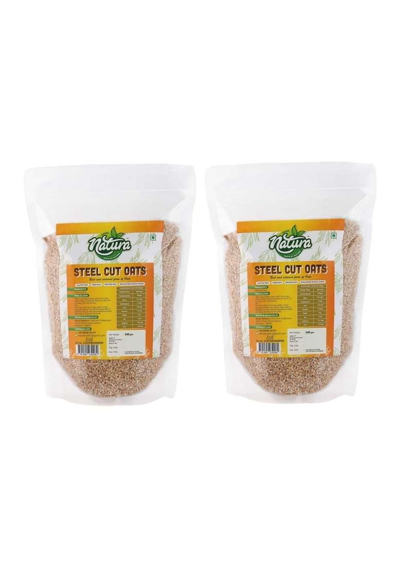 Indeed Natura Steel Cut Oats 500 Grms - 100% Wholegrain Oats | Breakfast Cereal For Weight Management | Diet Food | Rich In Fibre And Protein, Gluten Free (Pack Of 2) - Indya