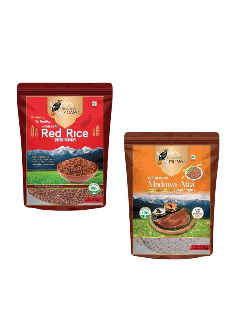 Himalayan Monal Red Rice, 1 Kg And Himalayan Monal Madhwa Atta (Ragi), 1 Kg, Rich In Protein, Iron, Calcium & Antioxidants, Good For Diabetics, Veg