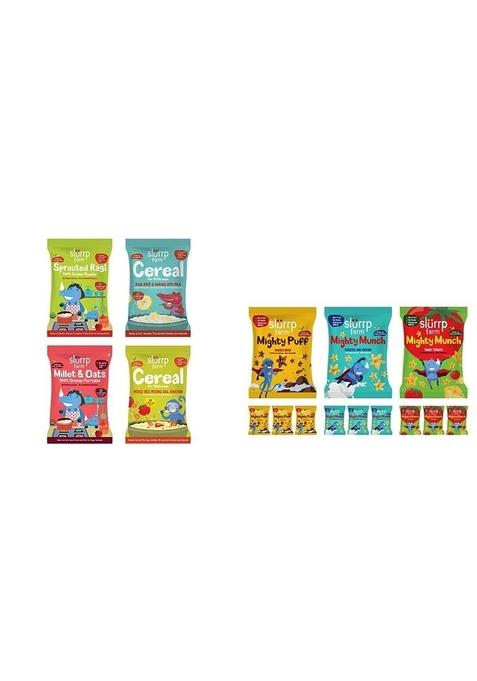 Slurrp Farm No Sugar, No Salt First Foods Cereal Trial Pack Combo | | Made With Ragi, Oats, Jowar, Real Fruits, Vegetables, Dals| 50 G*4 & Healthy Snacks For Kids| 12 X 20G Packs