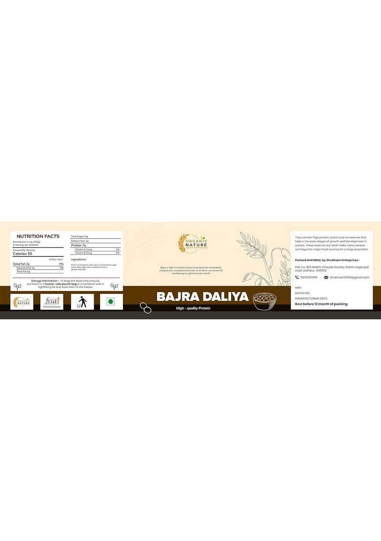 Organic Nature Combo Of Bajra Daliya (Pearl Millet Porridge)| 250 Gms Each| Total Weight 500 Gms| Packing| With Omega-3 Fats| Whole Grain Bajra Daliya | Weight Loss & Digestive Health|Jar Pack - Indya